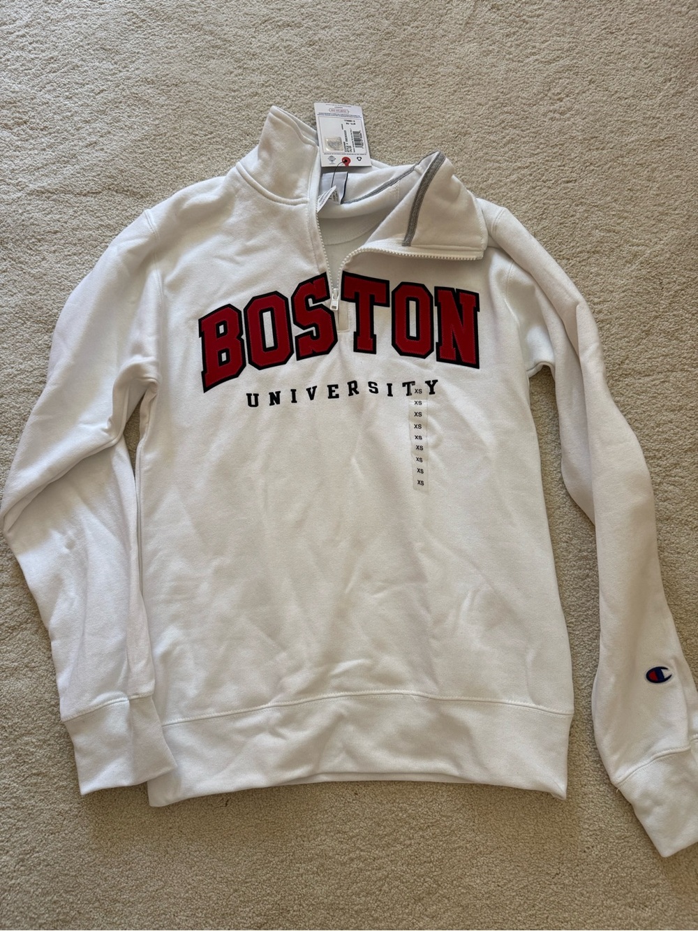 Champion White Quarter-Zip Sweatshirt with Red Boston Logo